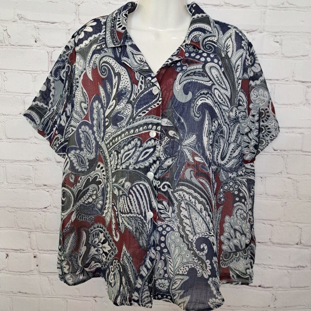 Alfred Dunner Paisley Print Short Sleeve Button Up Top Size 12